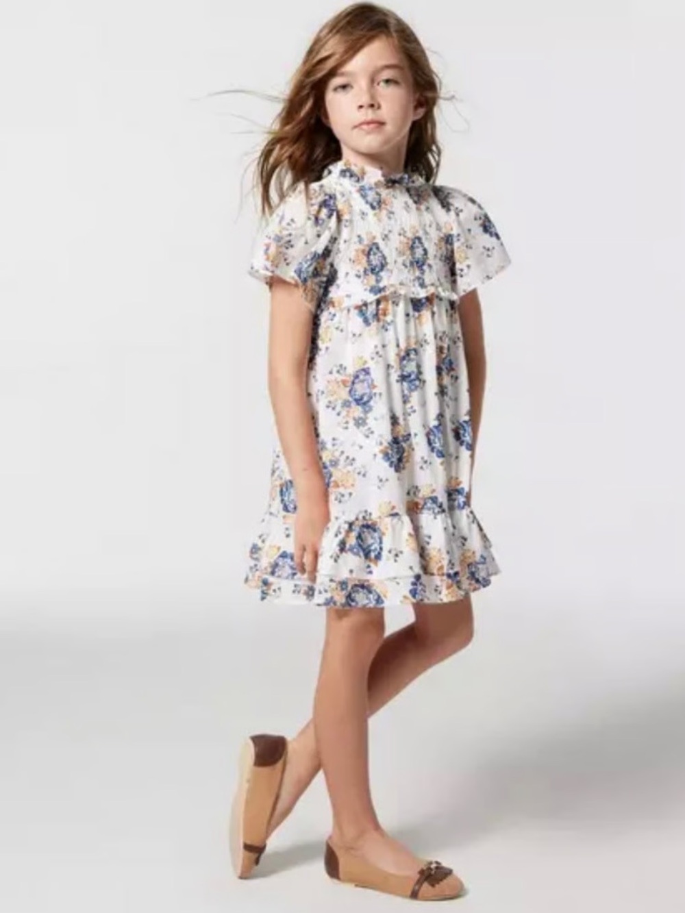 Janie and Jack Floral Smocked Cotton Dress Flutter Sleeves Size 7